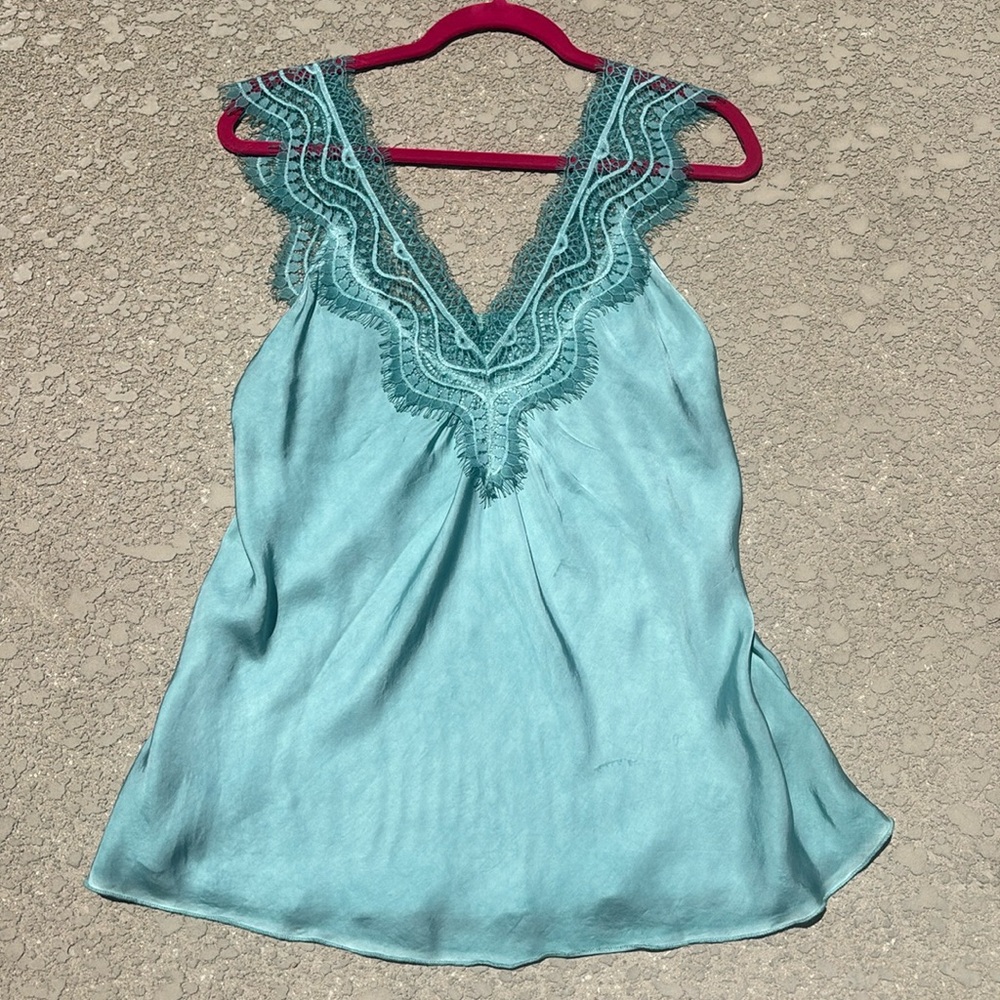 Alexandre Laurent Cami Top Blue Satin Lace Trim Italy Size Large Y2K Fairy